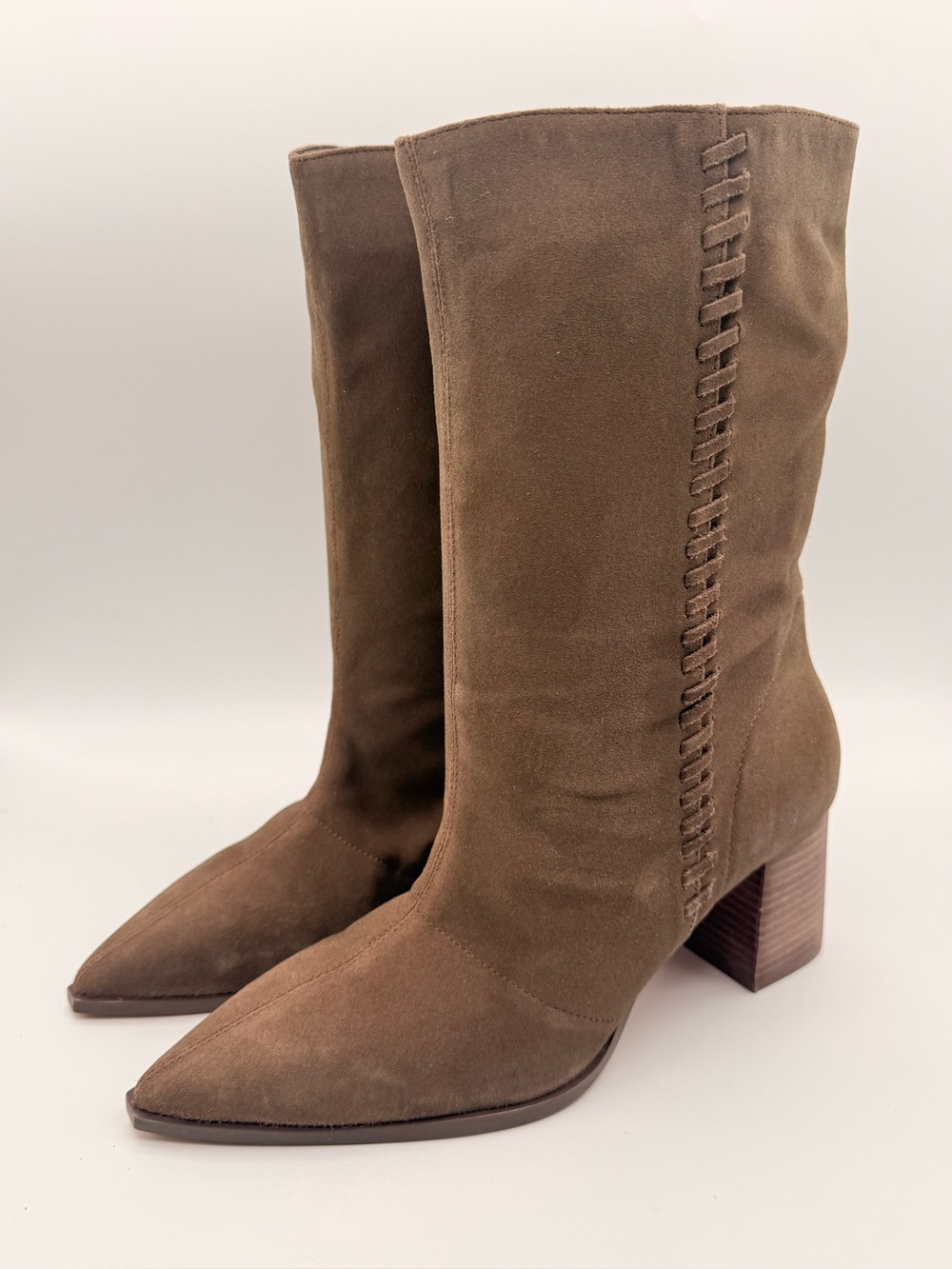 VINCE CAMUTO Lorrys Whipstitch Leather Block Heel Boots Taupe Women’s Size 10